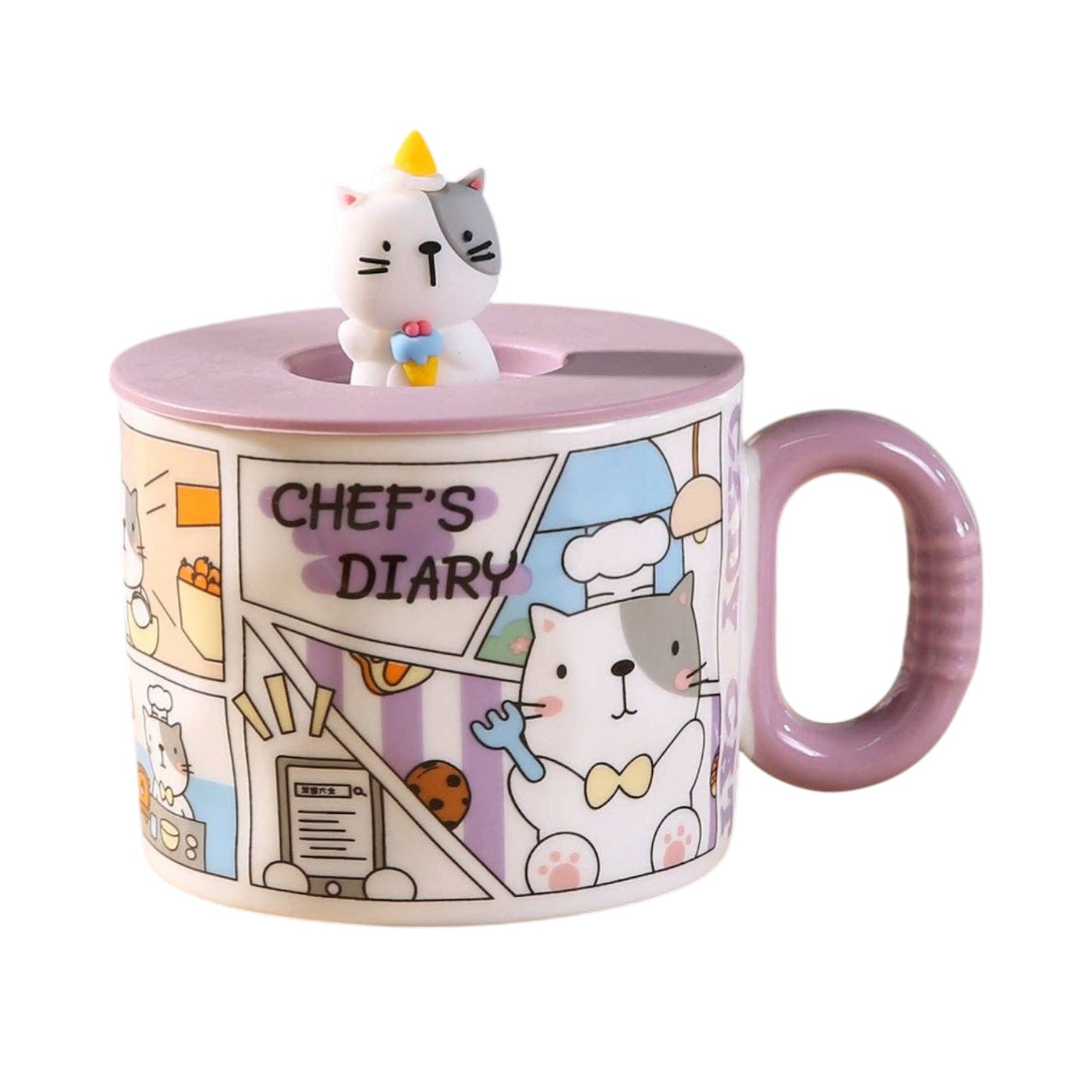 Kawaii „Chef's Diary“ Comic-Katzenbecher 3D Tasse mit Deckel