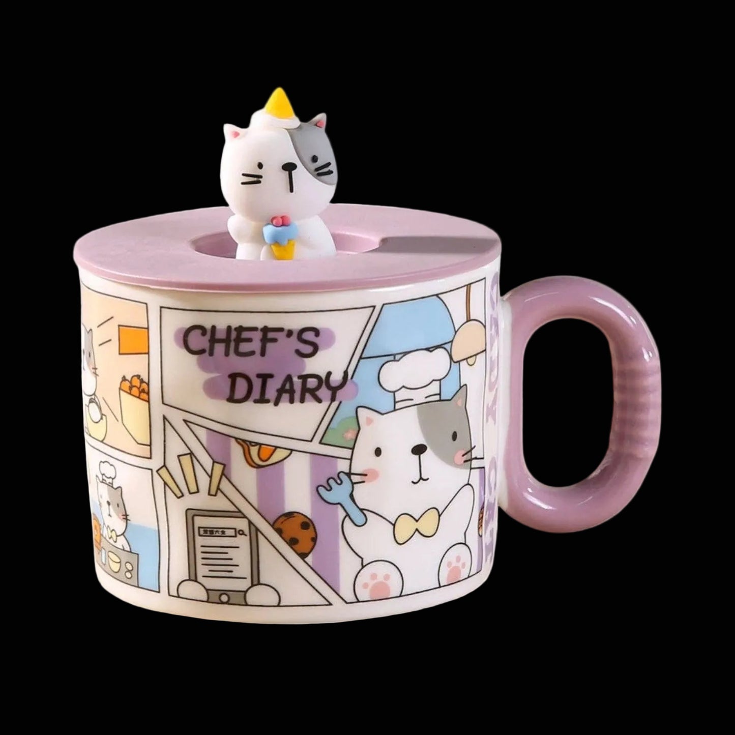 Kawaii „Chef's Diary“ Comic-Katzenbecher 3D Tasse mit Deckel