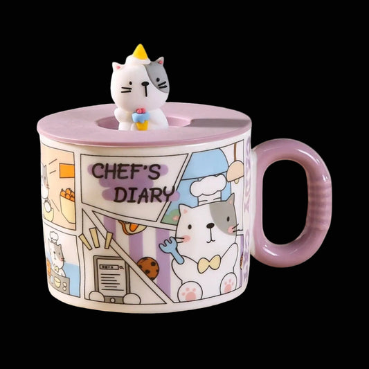 Kawaii „Chef's Diary“ Comic-Katzenbecher 3D Tasse mit Deckel