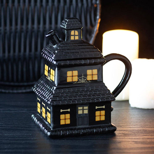 Schwarzer Spukhaus mit Deckel Gothic 3D Tasse