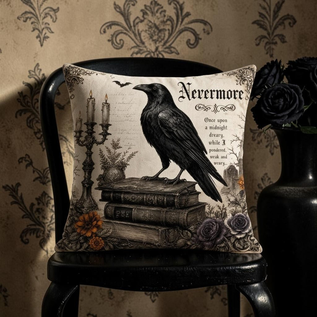 Nevermore Gothic-Dekokissen mit Rabenmotiv und Füllkissen 45x45 cm