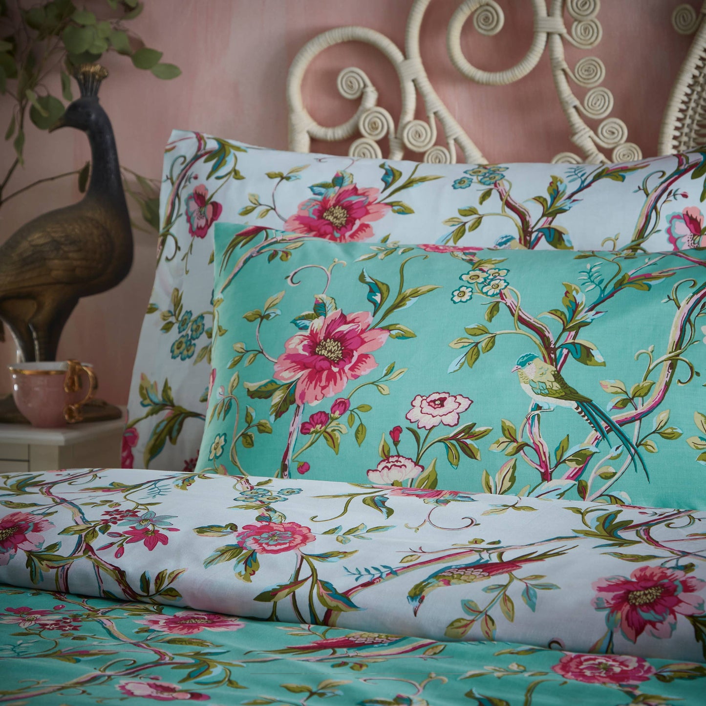 Vintage Chinoiserie Bettwäsche-Set mit nostalgischem Blumenmuster in Jade