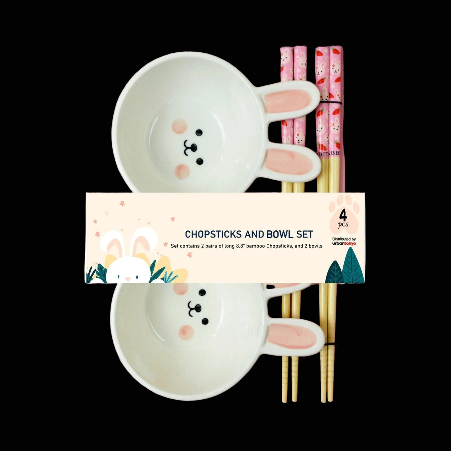 Kawaii Bitabbi Schalen-Geschenkset  Kaninchen mit 2 Paar Holzstäbchen