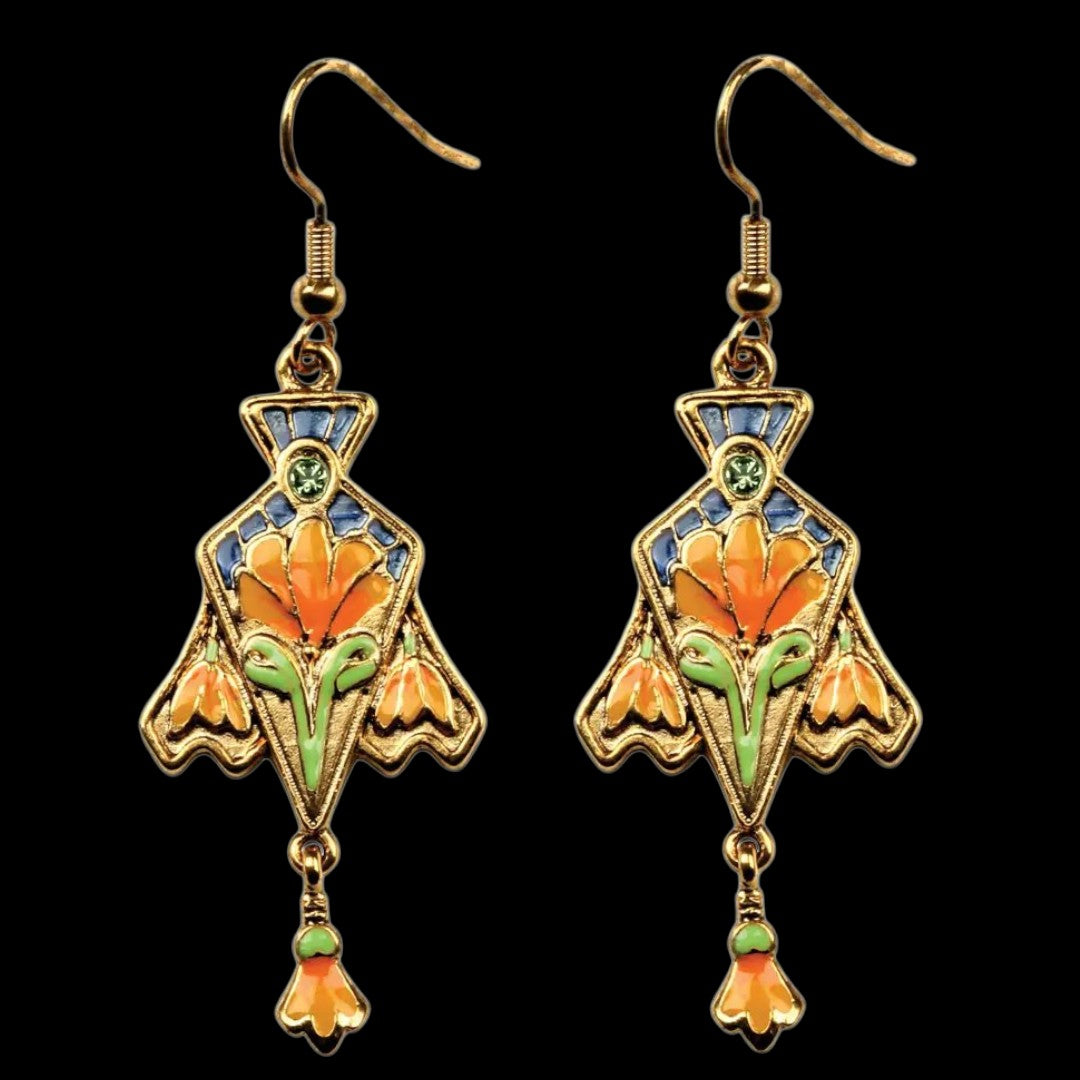 Jugendstil Iris-Blüten Ohrringe – schwarzer Hintergrund