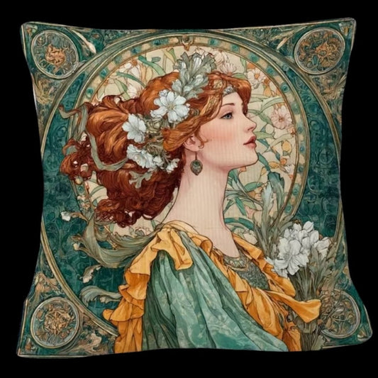 Vintage Kissen Jugendstil Rothaarige Frau Weiße Blumen Grün-Gold auf schwarzem Hintergrund
