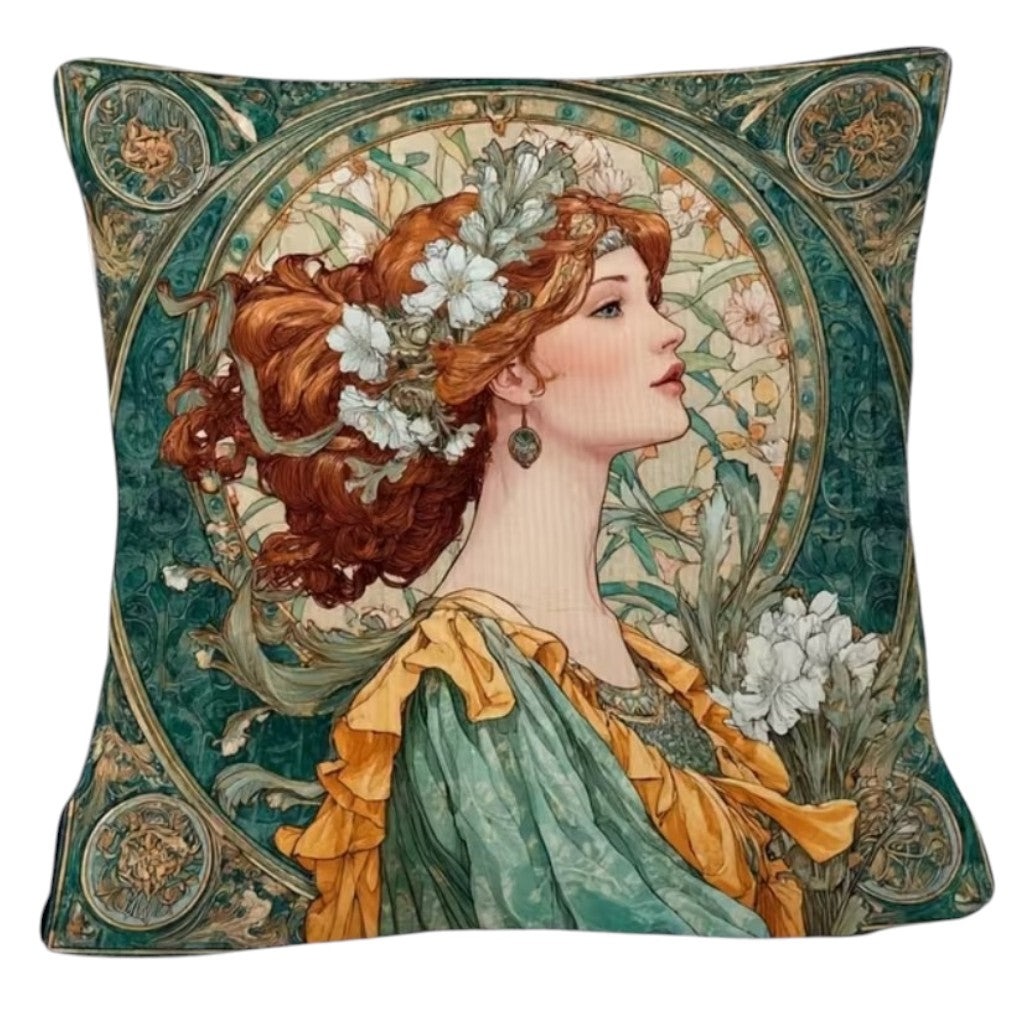 Vintage Kissen Jugendstil Rothaarige Frau Grün mit Füllkissen 45x45 cm