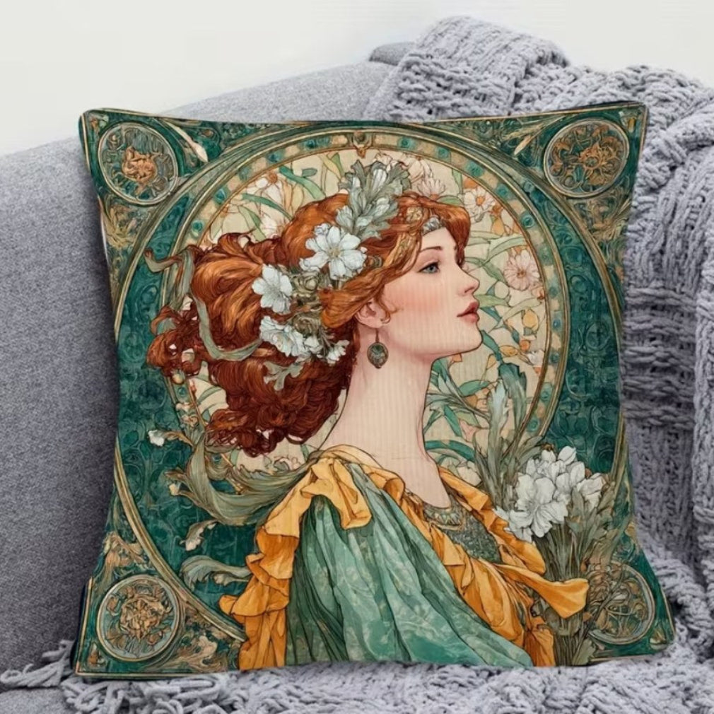 Vintage Kissen Jugendstil Rothaarige Frau Weiße Blumen Grün-Gold auf grauem Sofa mit Decke
