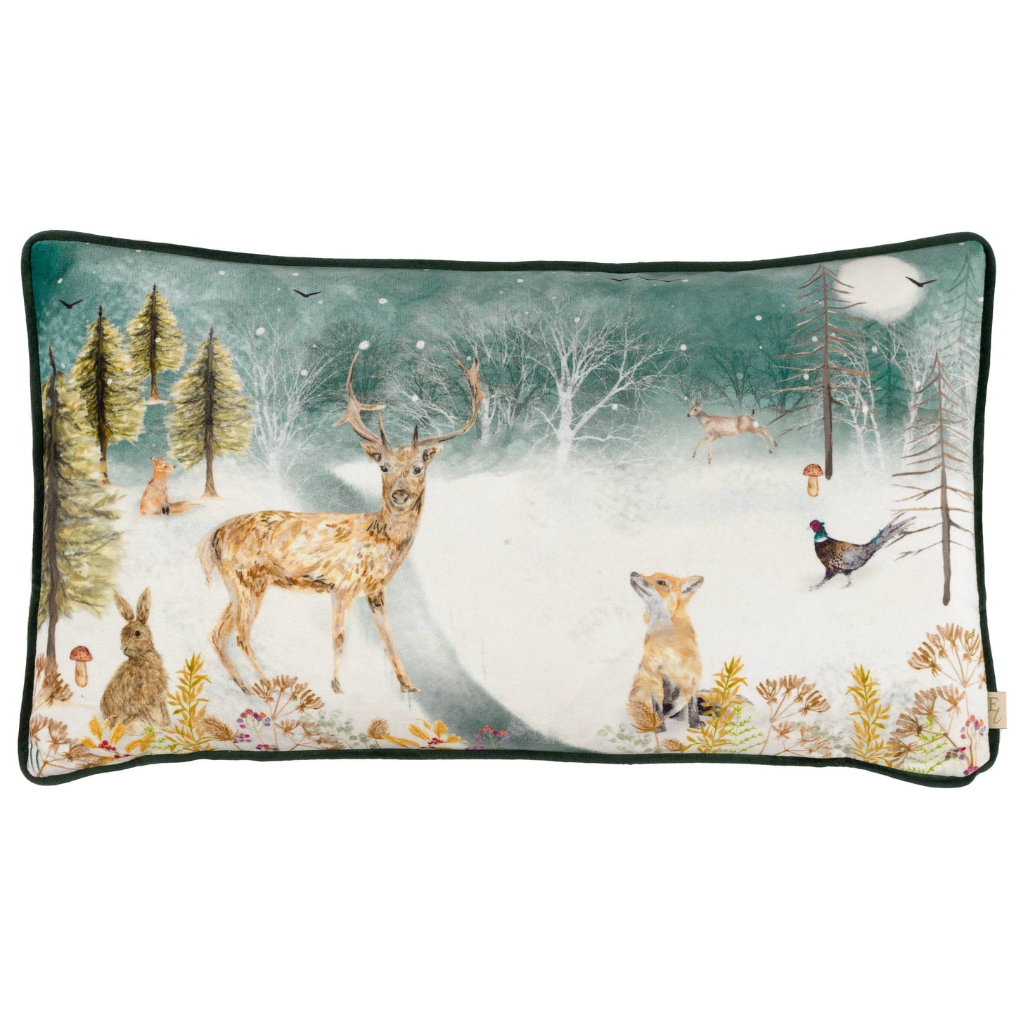 Vintage Dekokissen Samt-Kissen Waldtier im Winter 30x50 cm mit Füllkissen