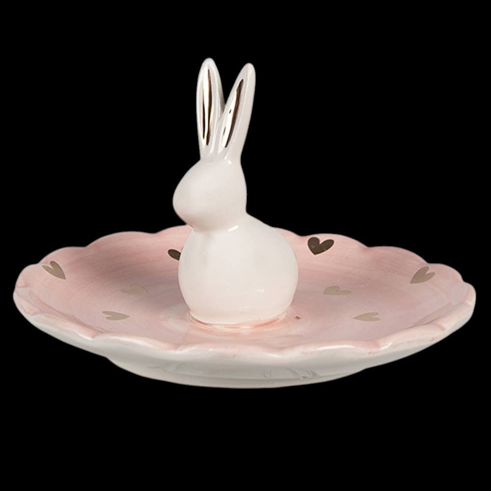 Clayre & Eef Keramik-Schale mit Hasenmotiv Ø 14 x 9 cm, Rosa mit Herzen