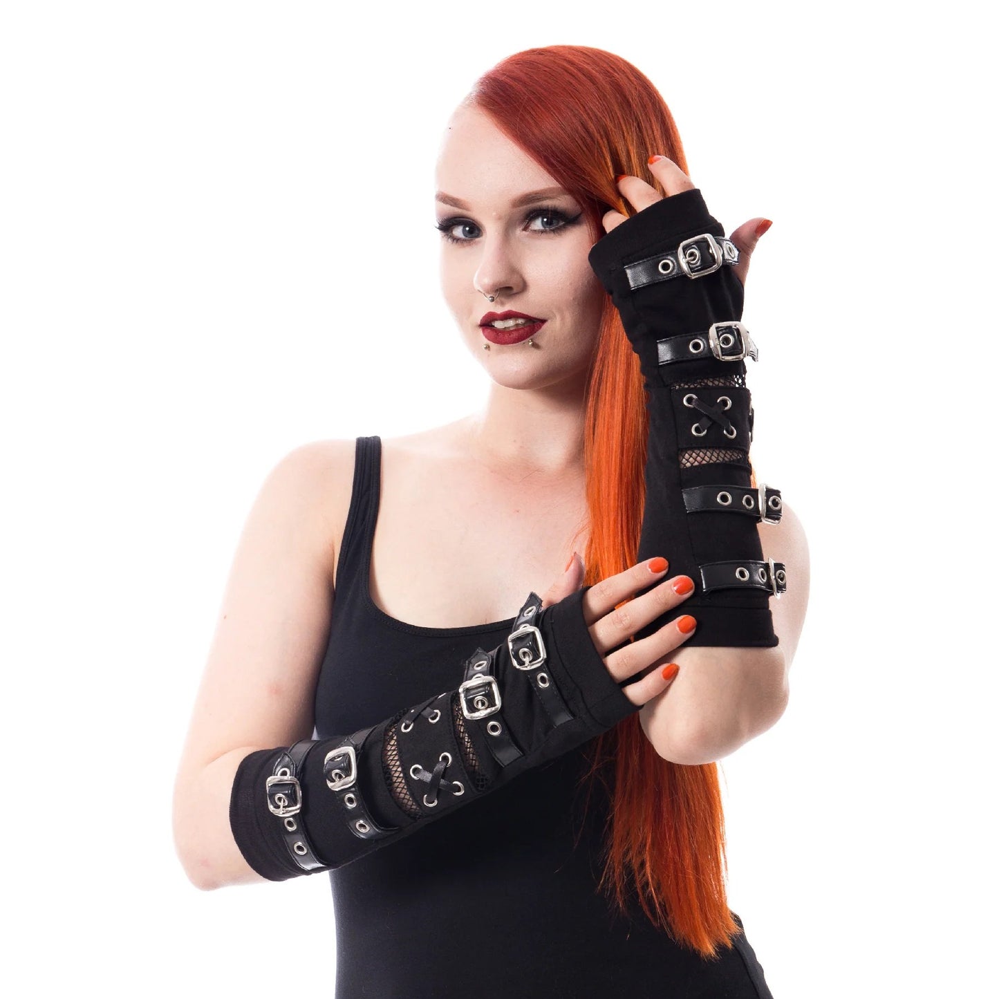 Gothic Armstulpen mit Schnallen & Netz – Schwarz