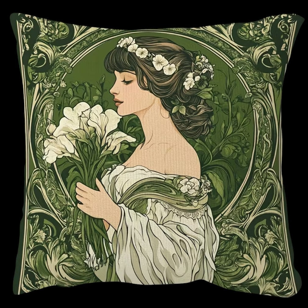 Vintage Kissen Mucha Jugendstil Frau mit Lilien Grün auf schwarzem Hintergrund