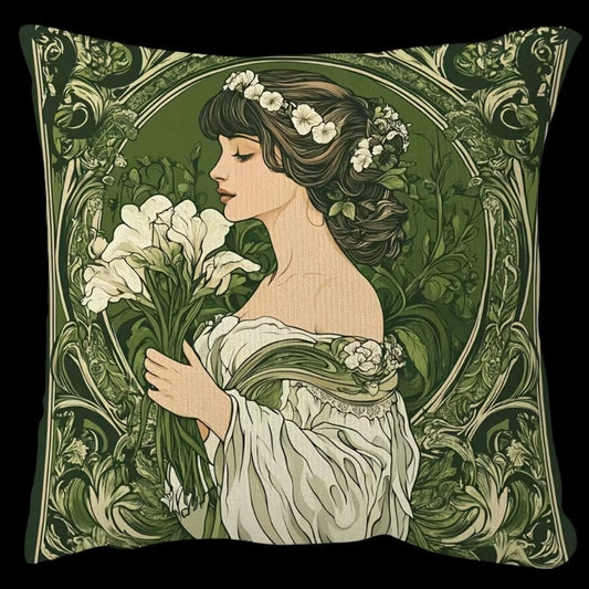 Vintage Kissen Mucha Jugendstil Frau mit Lilien Grün auf schwarzem Hintergrund