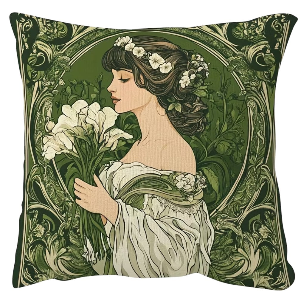 Vintage Kissen Mucha Jugendstil Frau mit Lilien Grün auf weißem Hintergrund