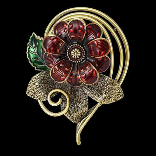 Große retro Brosche Blume mit Ornament in gold-bordeaux
