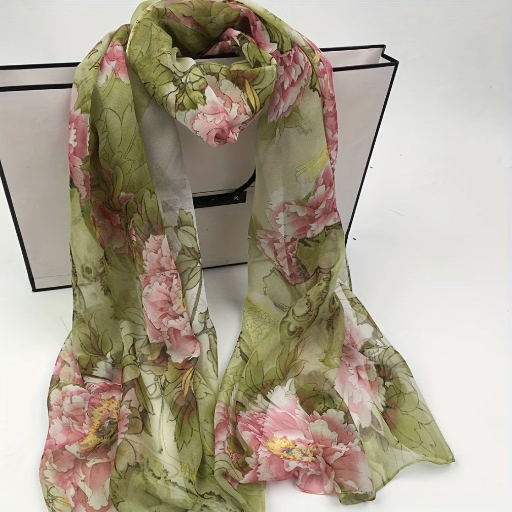 Vintage Schal Pfingstrose Hellgrün-Rosa Chiffon auf weißem Hintergrund – drapiert