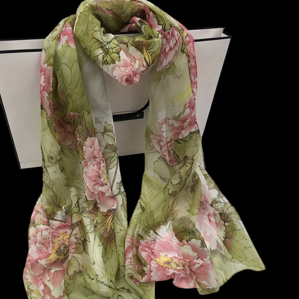 Vintage Schal Pfingstrose Hellgrün-Rosa Chiffon auf schwarzem Hintergrund – drapiert