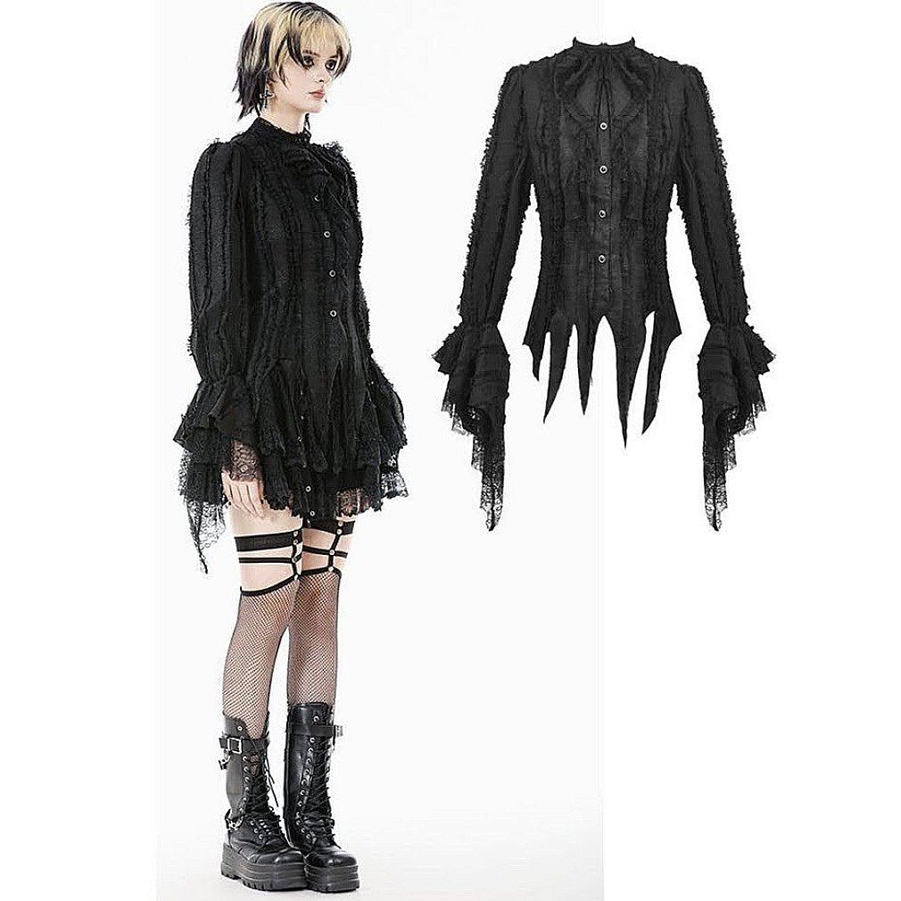 Gothic Zipfelbluse Hexe in schwarz mit Spitze