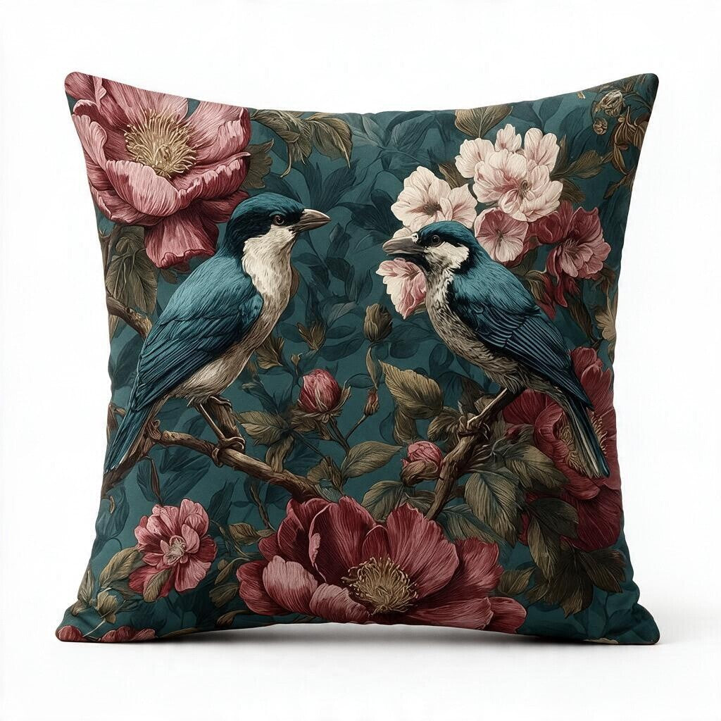Vintage Dekokissen mit Blütenmotiv & Vogelmotiv mit Füllkissen 45 × 45 cm
