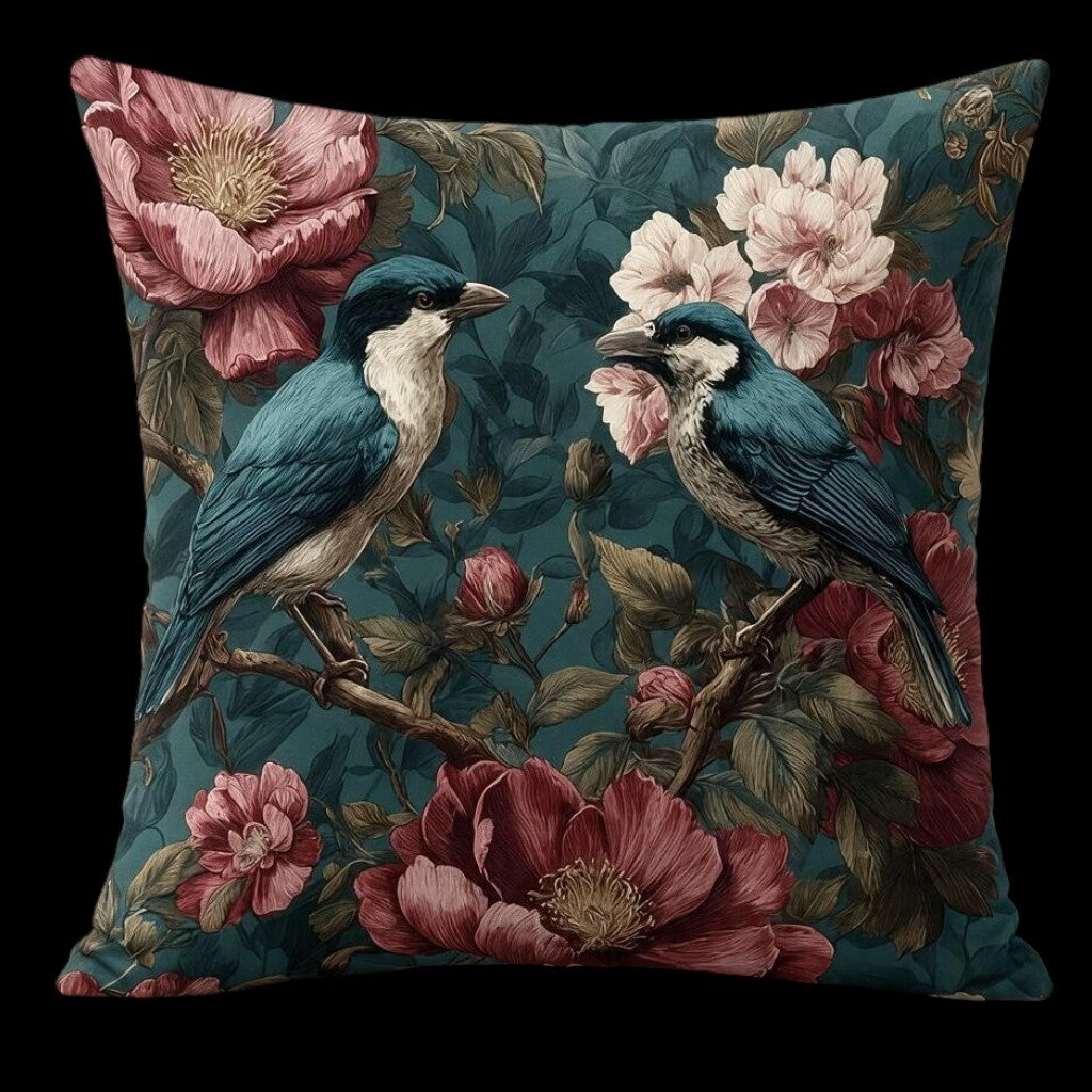 Vintage Dekokissen mit Blütenmotiv & Vogelmotiv mit Füllkissen 45 × 45 cm