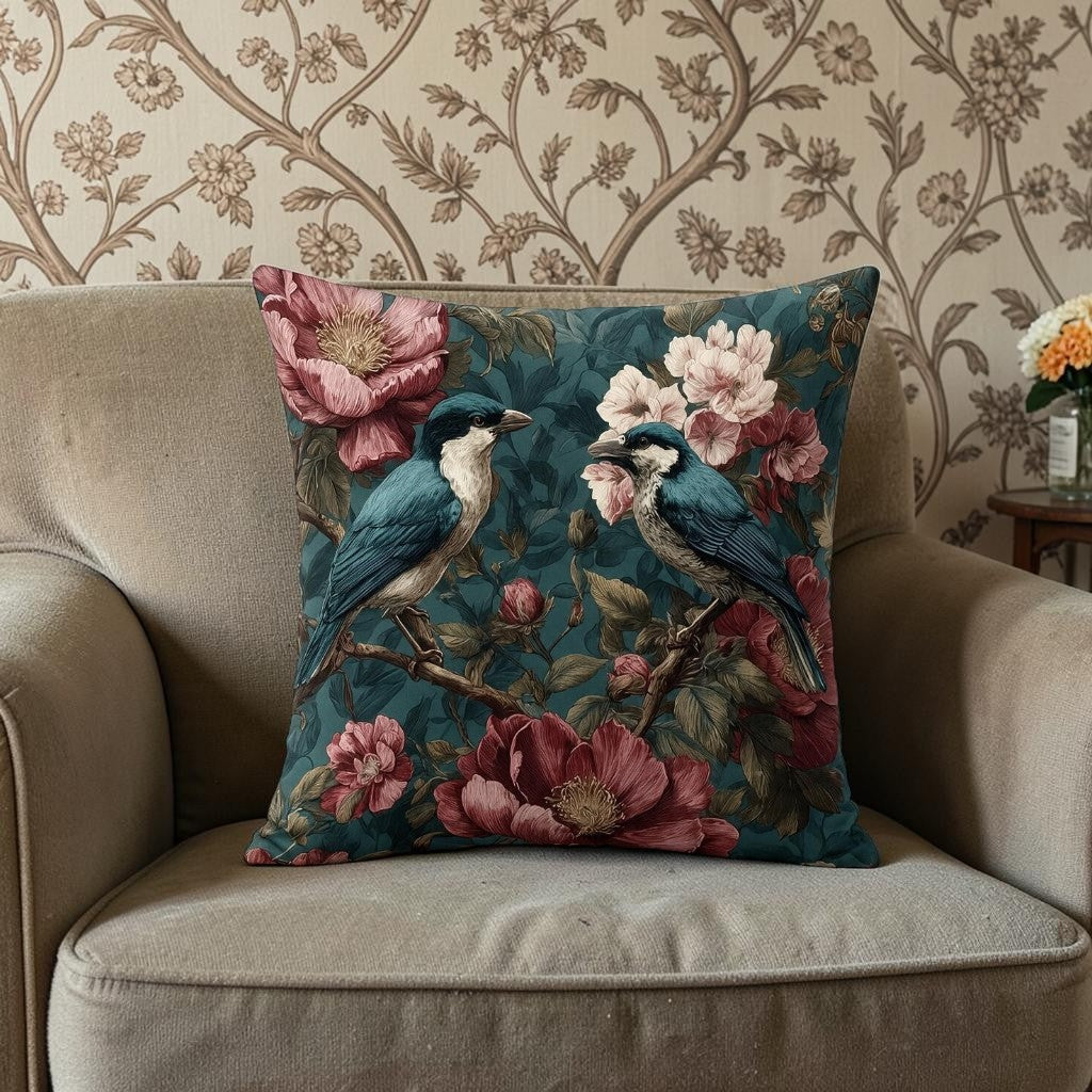 Vintage Dekokissen mit Blütenmotiv & Vogelmotiv mit Füllkissen 45 × 45 cm