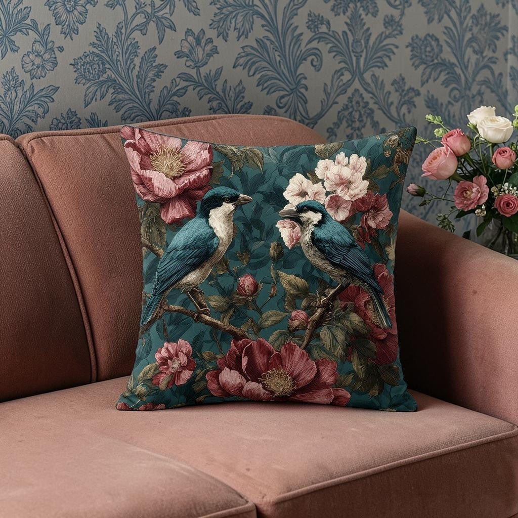 Vintage Dekokissen mit Blütenmotiv & Vogelmotiv mit Füllkissen 45 × 45 cm