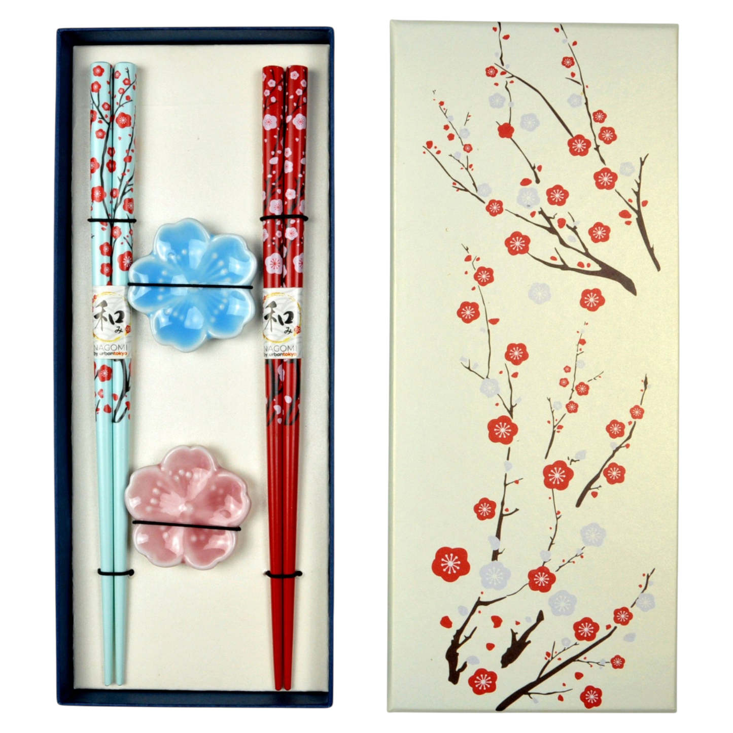 Romantisches Sakura Kirschblüten 4-teiliges Essstäbchen Set mit Ablage