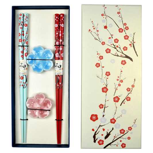 Romantisches Sakura Kirschblüten 4-teiliges Essstäbchen Set mit Ablage