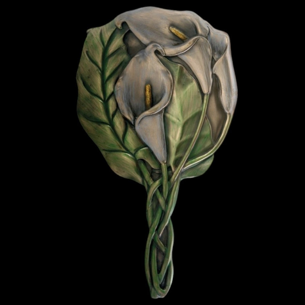 Vintage Handspiegel Calla-Lilien Rückseite auf schwarzem Hintergrund