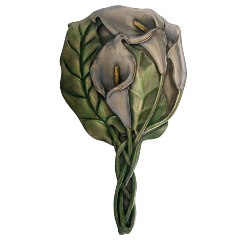 Vintage Handspiegel Calla-Lilien Rückseite auf weißem Hintergrund