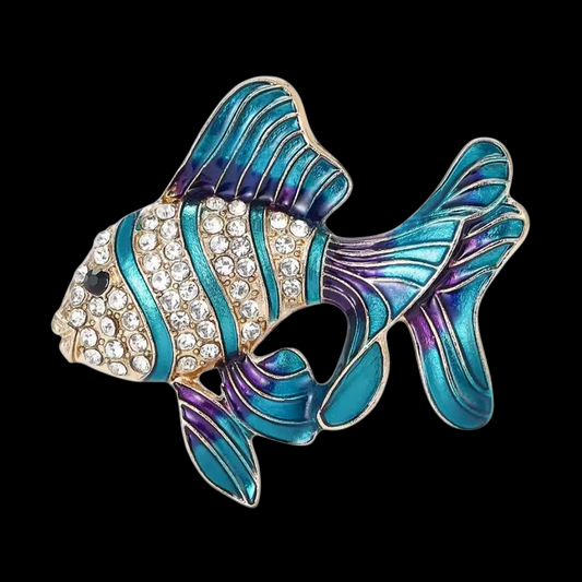 Retro Brosche kleiner Fisch in blau-gold mit Strass emailliert
