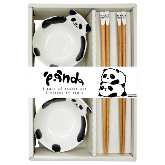 Panda-Genießer-Set für Zwei – 2 Paar Essstäbchen & 2 Keramikschalen