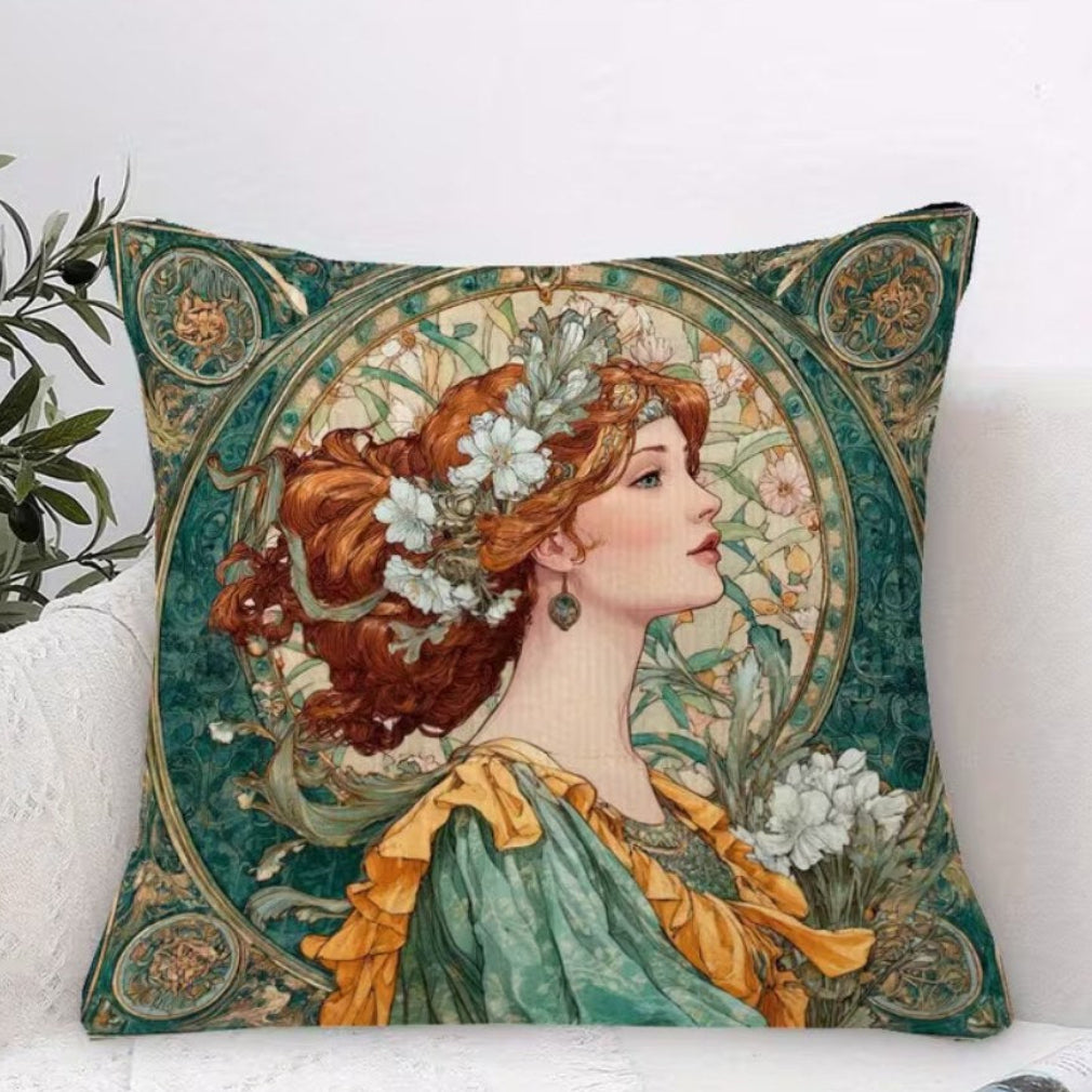 Vintage Kissen Jugendstil Rothaarige Frau Weiße Blumen Grün-Gold auf weißem Sofa