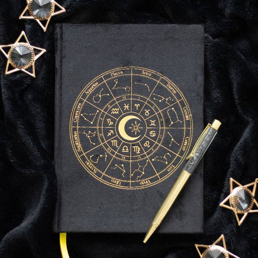 Astrologie Tierkreiszeichen Tagebuch Samt mit schwarzem Obsidianstift