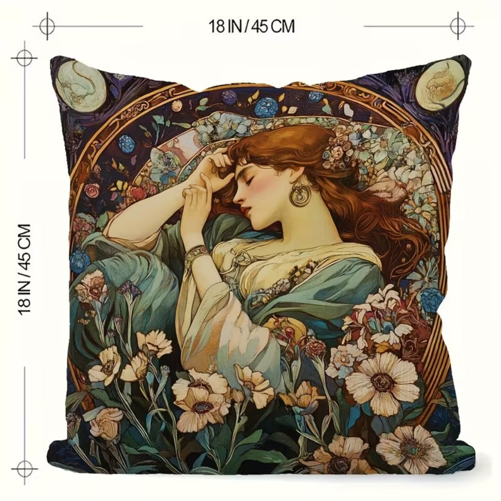 Vintage Kissen Mucha Jugendstil Träumende Frau Blumen Nacht – Maßangaben 45x45 cm