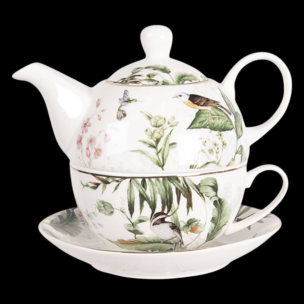 Clayre & Eef Teeset für eine Person 460 ml Porzellan mit Vogelmotiv Weiß-Grün