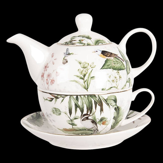Clayre & Eef Teeset für eine Person 460 ml Porzellan mit Vogelmotiv Weiß-Grün