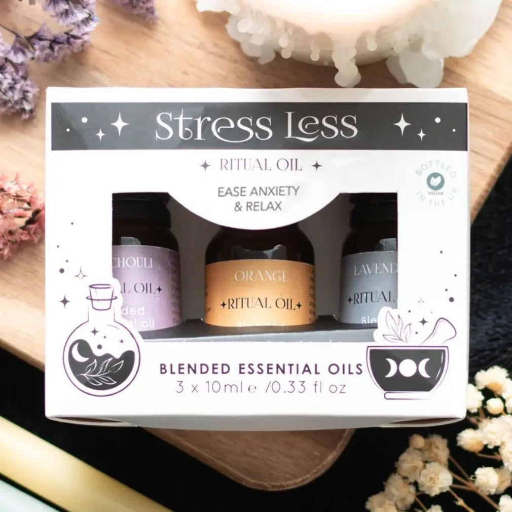 Stress Less Ritual Oil Set – Einzelflaschen Orange, Lavendel, Patchouli