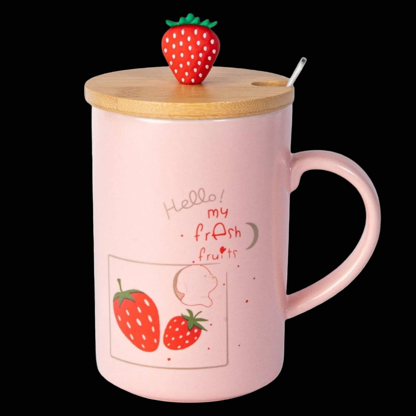 3D Niedliche Erdbeer-Keramik Tasse mit Deckel und Löffel 400 ml