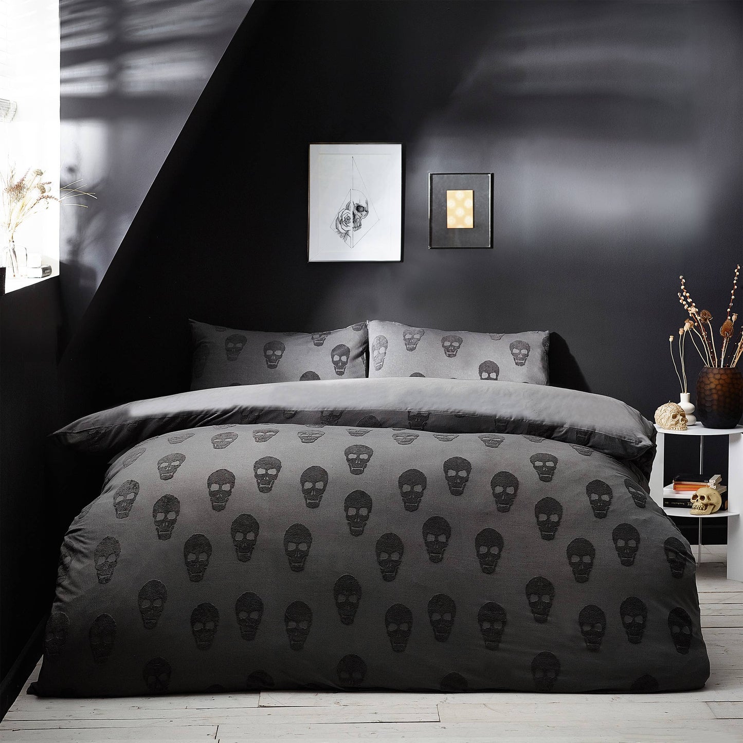 Gothic Totenkopf Bettwäsche grau-schwarz 135 x 200 cm 100 % Baumwolle