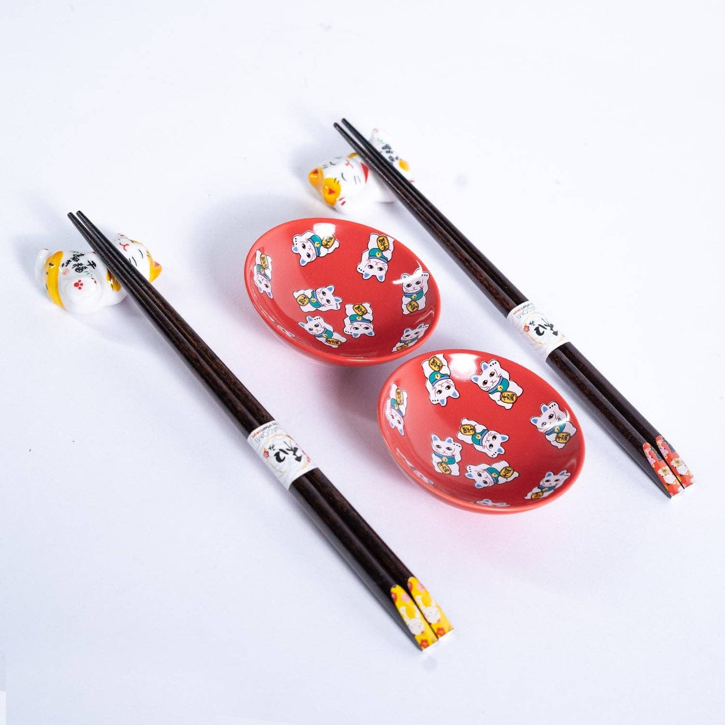Lucky Cats 2 Paar Essstäbchen aus Holz, Essstäbchenhalter und Saucenschälchen Geschenkset (1/36)