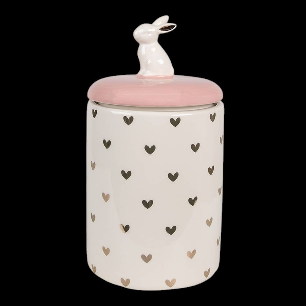Clayre & Eef Aufbewahrungsglas mit Kaninchen, Ø 13 x 30 cm, Rosa/Weiß, Keramik