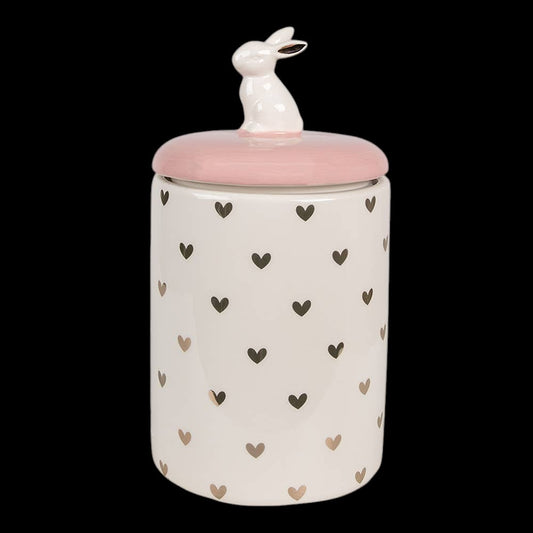 Clayre & Eef Aufbewahrungsglas mit Kaninchen, Ø 13 x 30 cm, Rosa/Weiß, Keramik