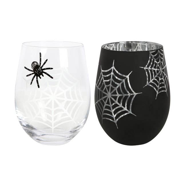 Weingläser ohne Stiel im gotischen Stil mit Spinne und Netzmotiv, 2 Stück