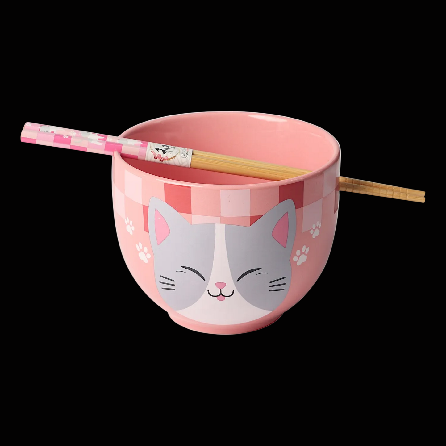 Rosa Kawaii Katzen-Ramenschale mit Essstäbchen
