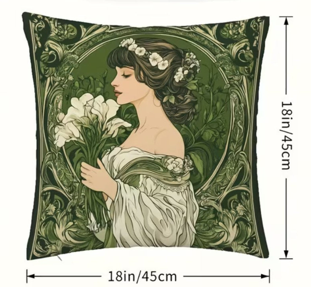 Vintage Kissen Mucha Jugendstil Frau mit Lilien Grün – Größentabelle 45x45 cm