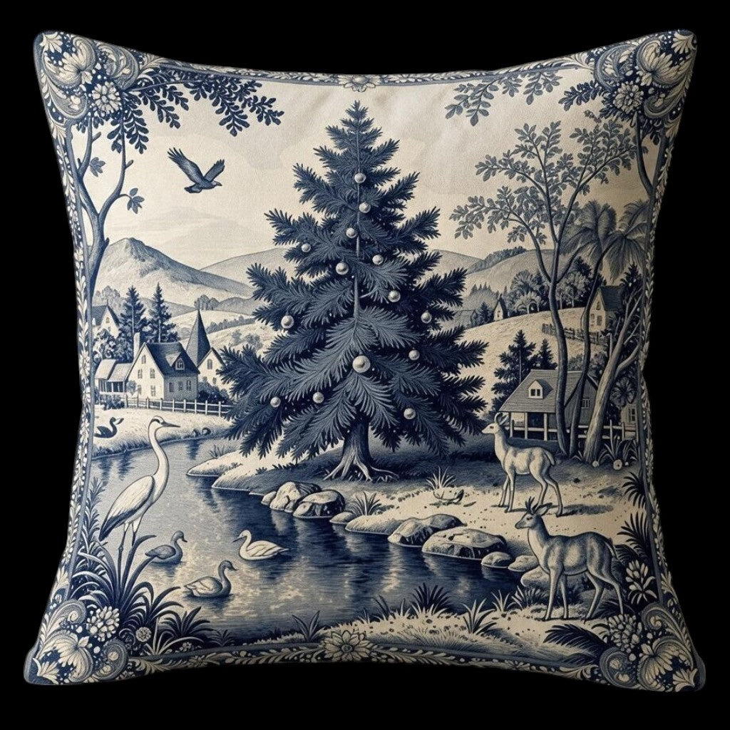 Vintage Dekokissen Weihnachtsbau im Toile-de-Jouy-Stil mit Füllkissen