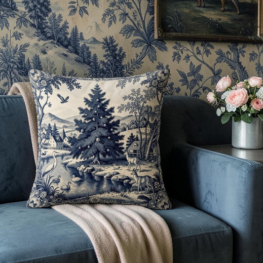 Vintage Dekokissen Weihnachtsbau im Toile-de-Jouy-Stil mit Füllkissen