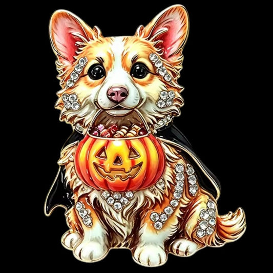 Halloween-Brosche Corgi Vampirkostüm – schwarzer Hintergrund