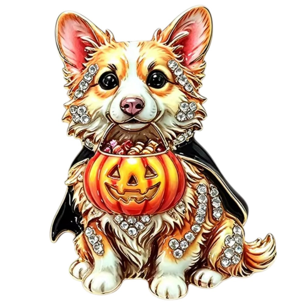Halloween-Brosche Corgi Vampirkostüm – weißer Hintergrund