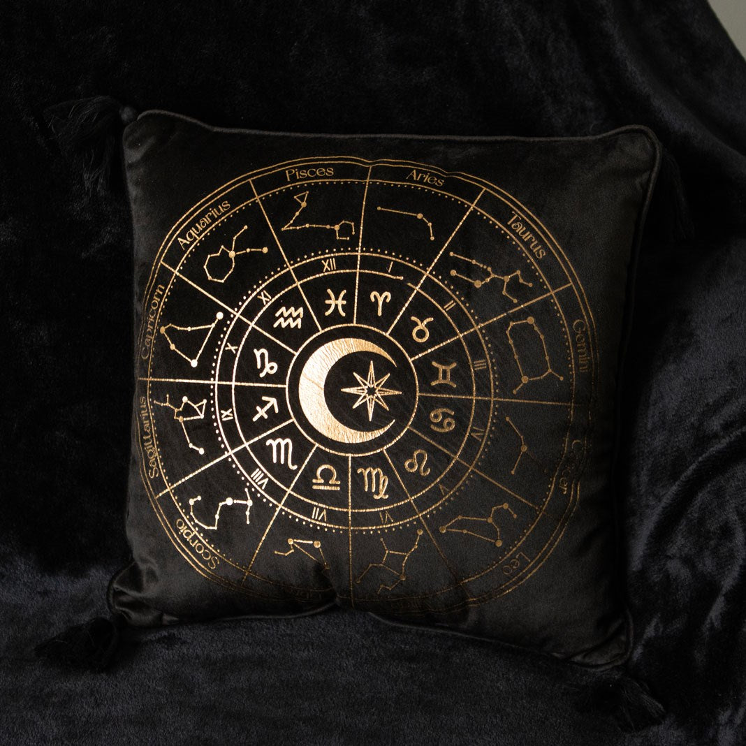 Samt Dekokissen astrologie Rad in schwarz-gold 35 cm